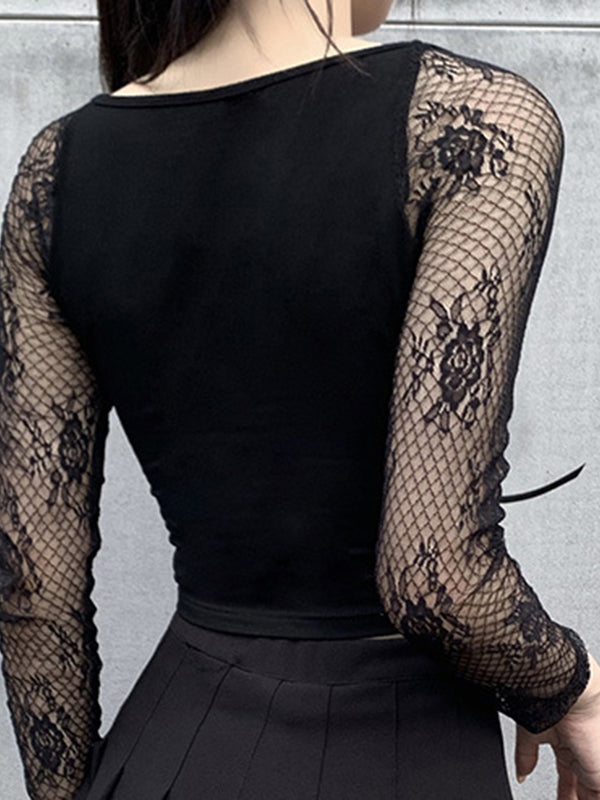 Women Gothic Lace Long Sleeve Cropped Top