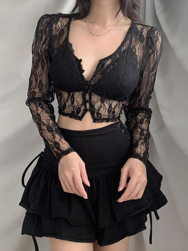Women Gothic Lace Long Sleeve Cropped Top