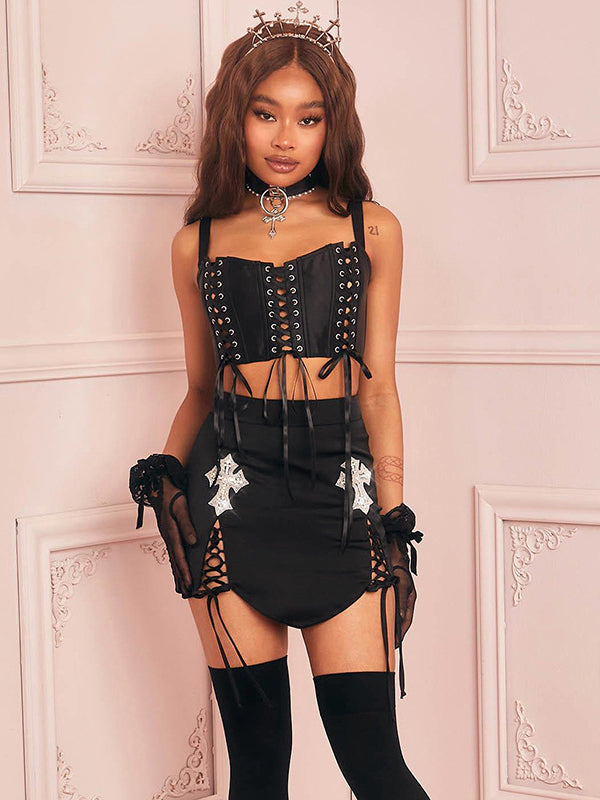 Women Gothic Lace Up Mini Skirt
