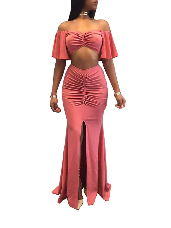 Pink Off Shoulder Ruffle Evening Dress