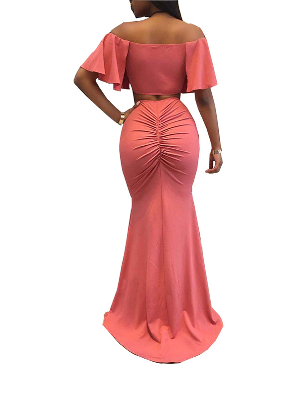 Pink Off Shoulder Ruffle Evening Dress