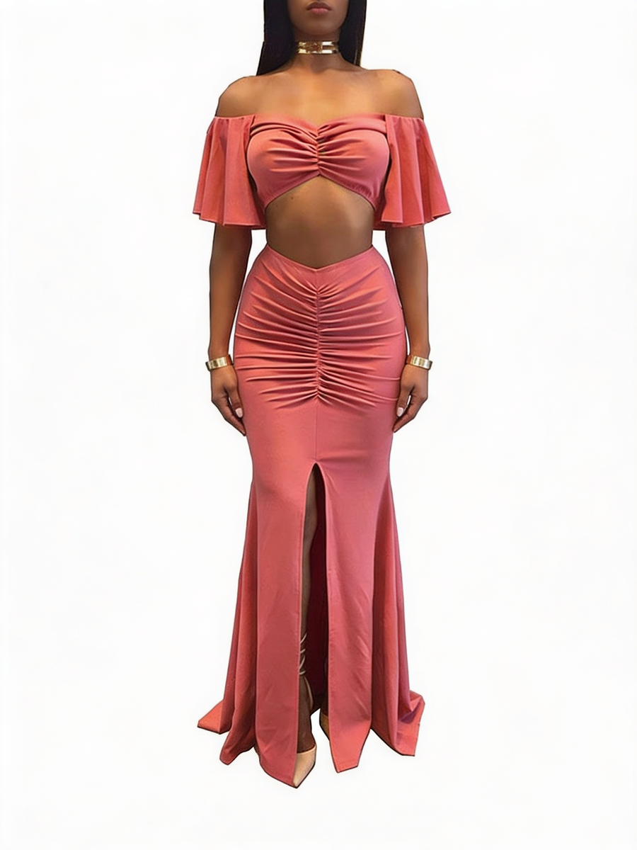 Pink Off Shoulder Ruffle Evening Dress