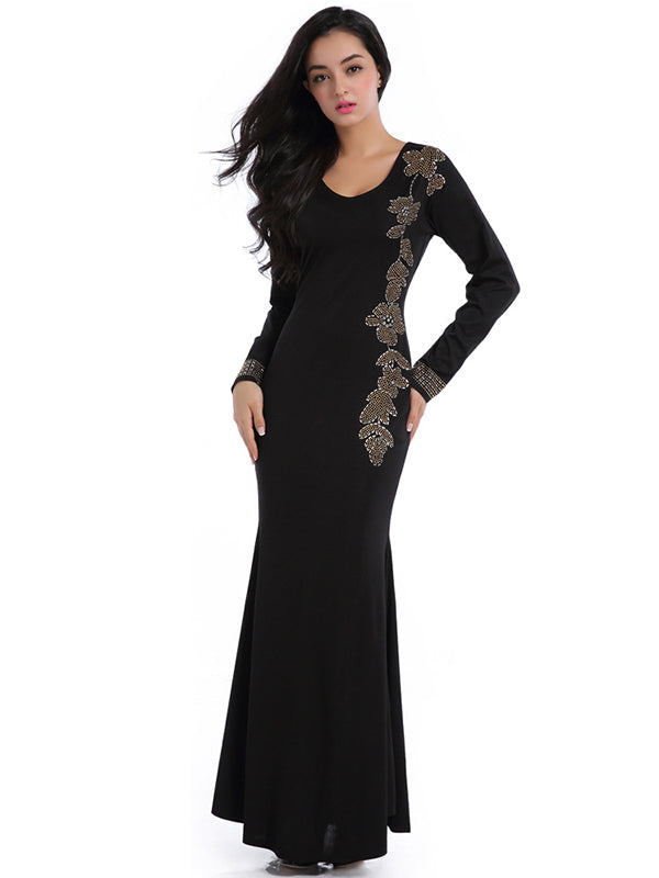 Black Long Sleeve Beaded Mermaid Evening Dress