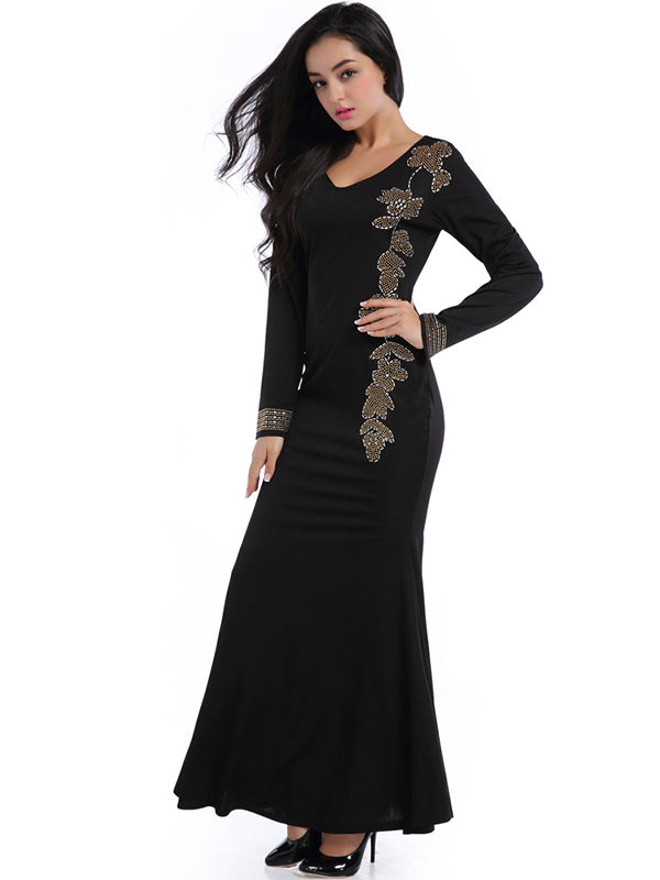 Black Long Sleeve Beaded Mermaid Evening Dress