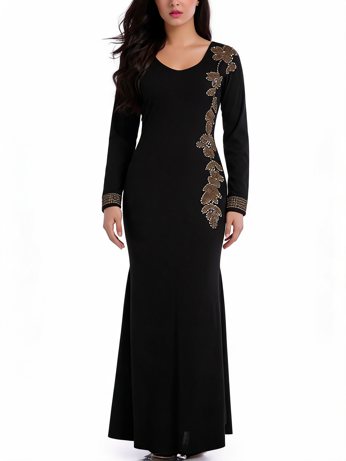 Black Long Sleeve Beaded Mermaid Evening Dress