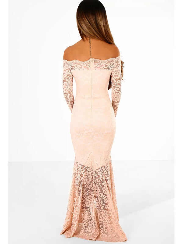 Apricot Long Sleeve Lace Evening Dress