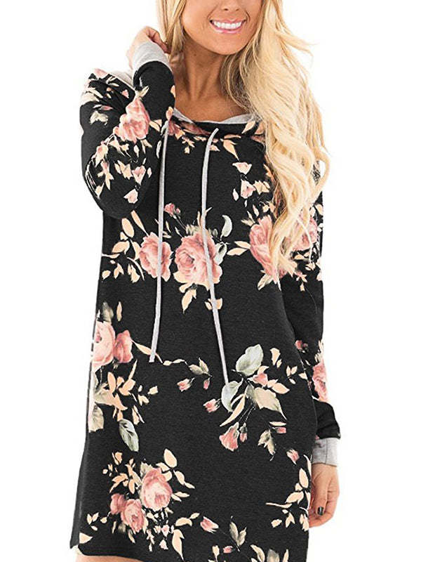 Floral Print Hooded Long Sleeve Mini Dress