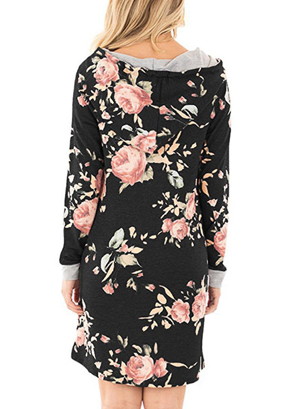 Floral Print Hooded Long Sleeve Mini Dress