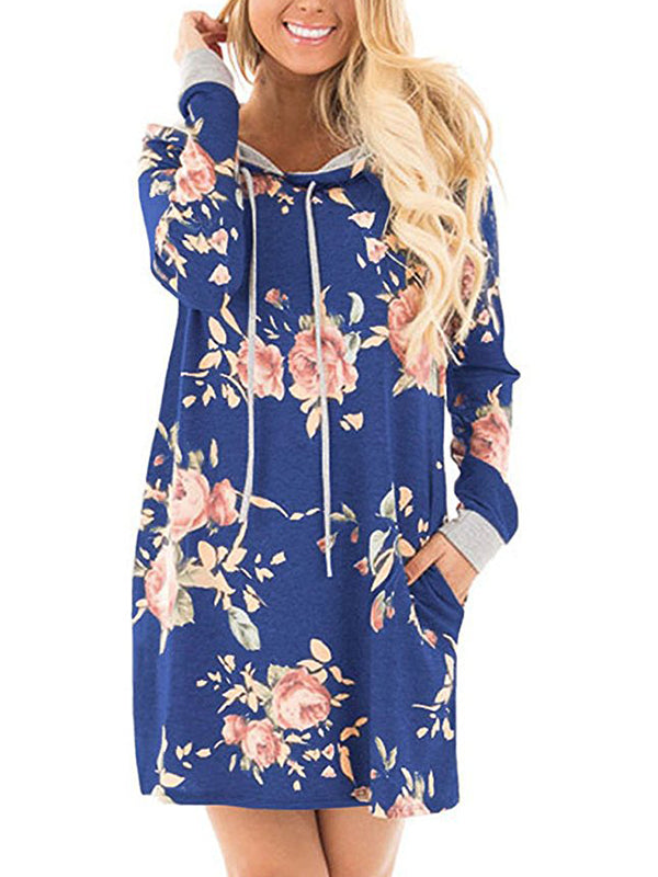 Floral Print Hooded Long Sleeve Mini Dress