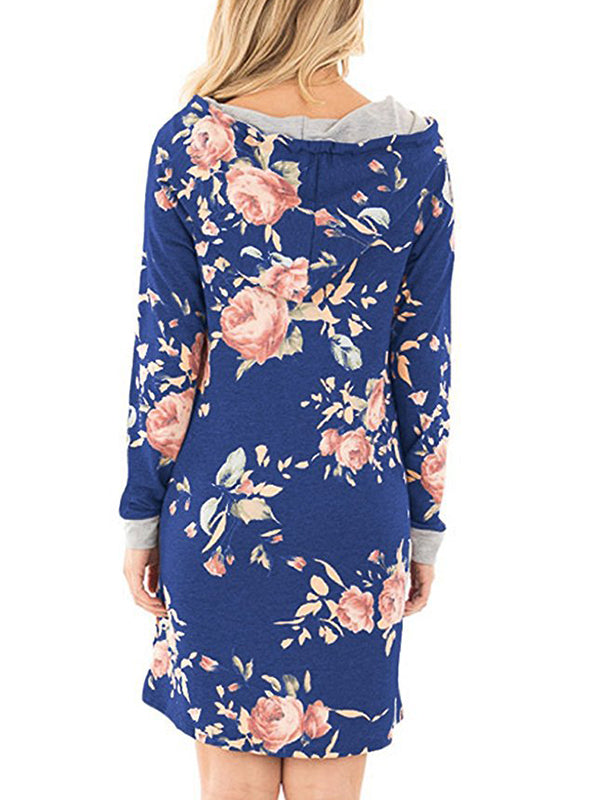 Floral Print Hooded Long Sleeve Mini Dress