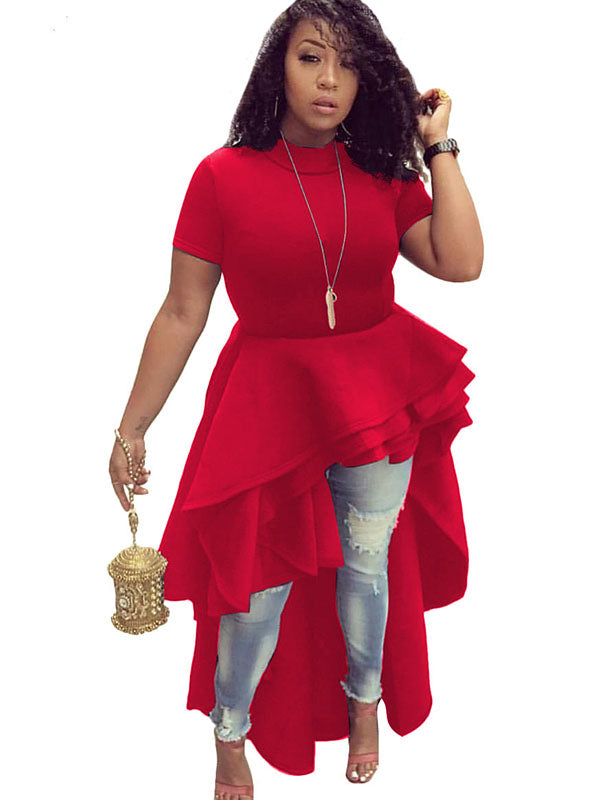 Women Short Sleeve Asymmetric Ruffle Hem Dress