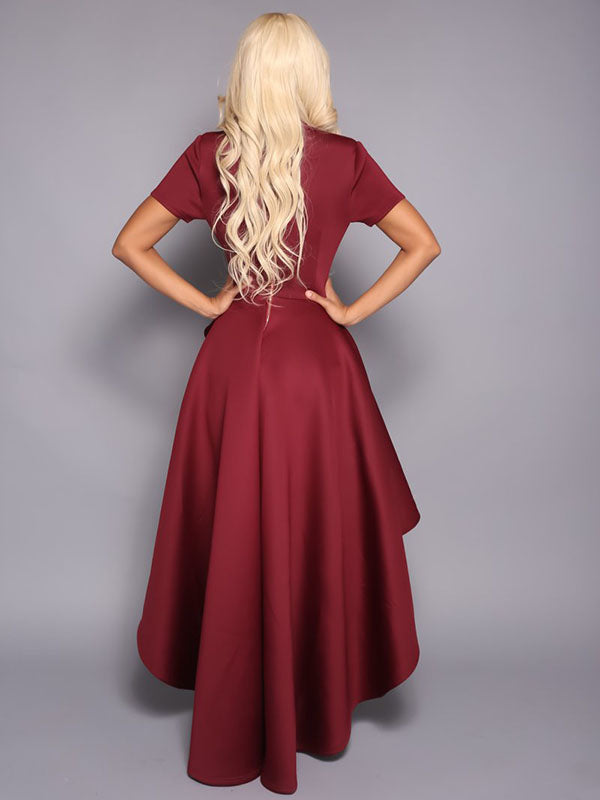 Women Short Sleeve Asymmetric Ruffle Hem Dress