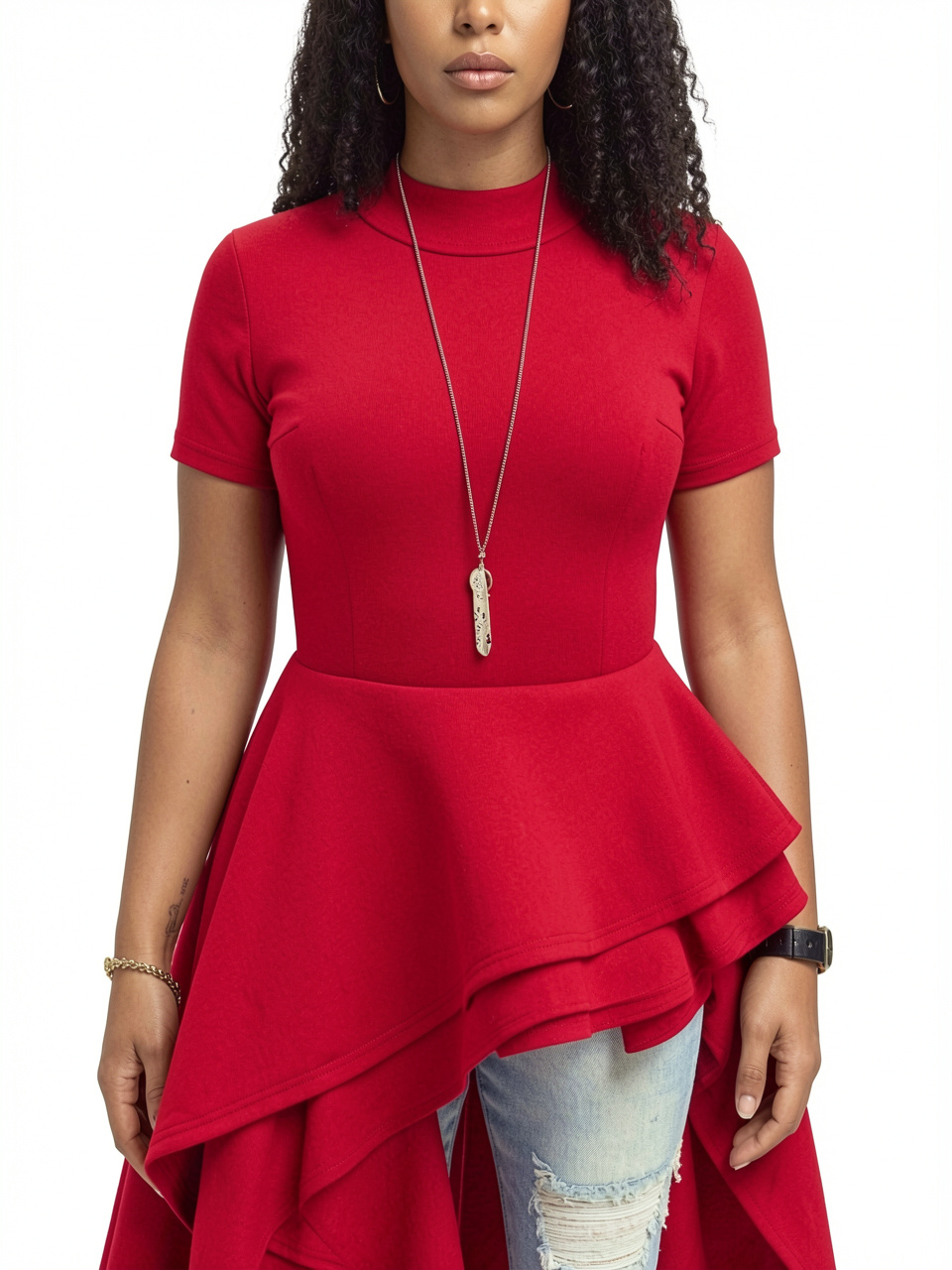 Women Short Sleeve Asymmetric Ruffle Hem Dress