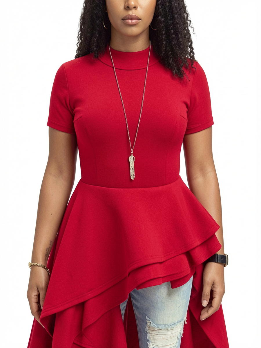 Women Short Sleeve Asymmetric Ruffle Hem Dress