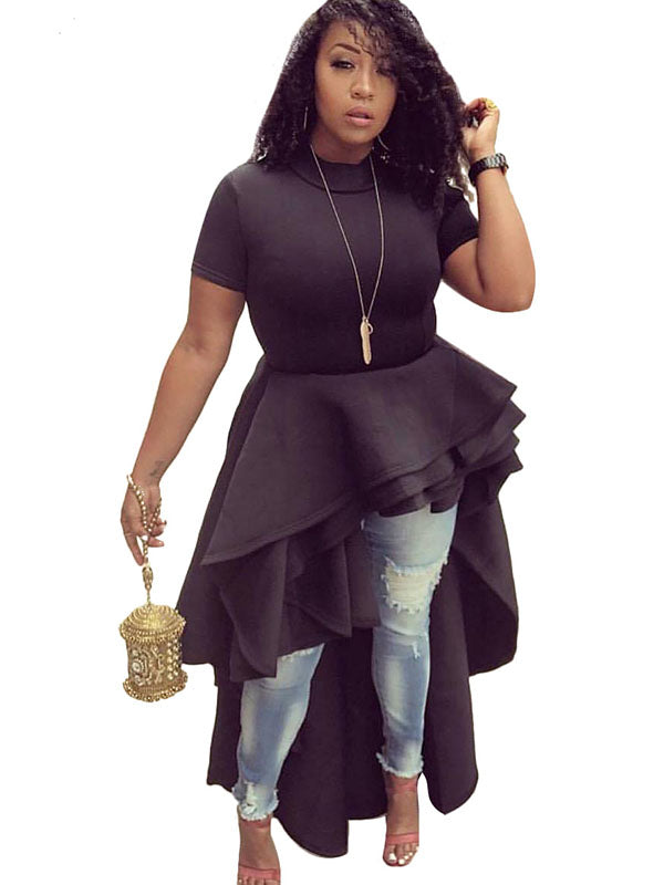 Women Short Sleeve Asymmetric Ruffle Hem Dress