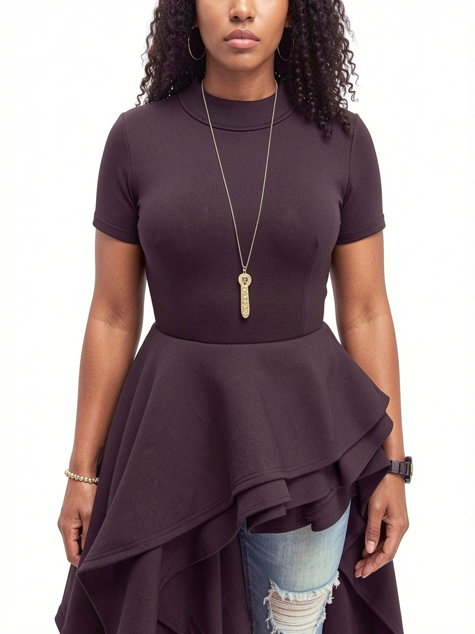 Women Short Sleeve Asymmetric Ruffle Hem Dress