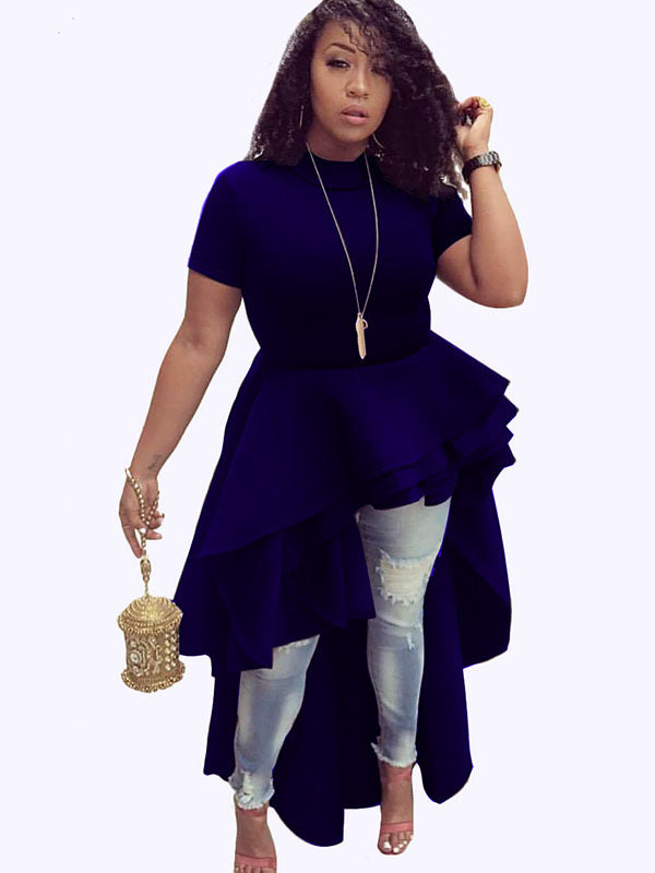 Women Short Sleeve Asymmetric Ruffle Hem Dress