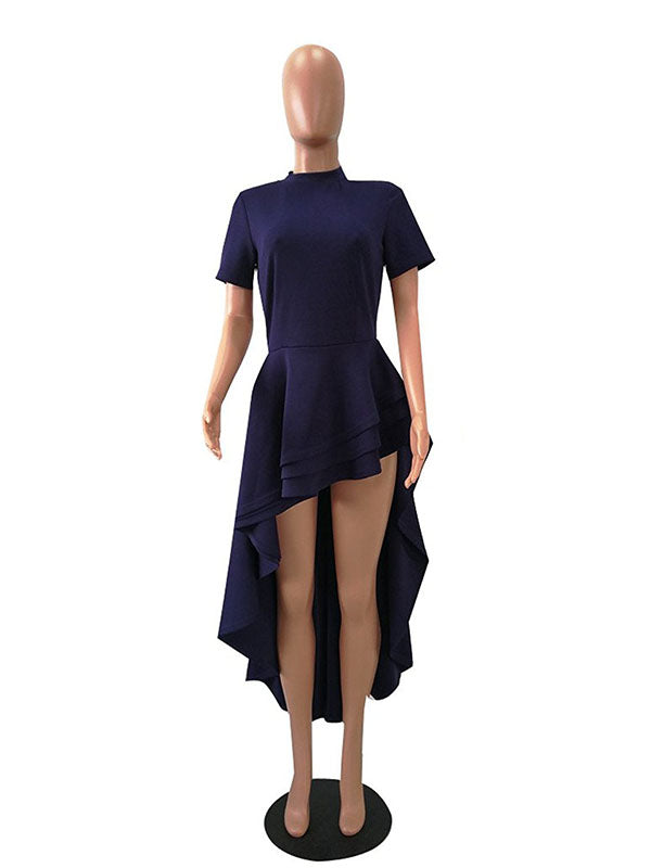 Women Short Sleeve Asymmetric Ruffle Hem Dress