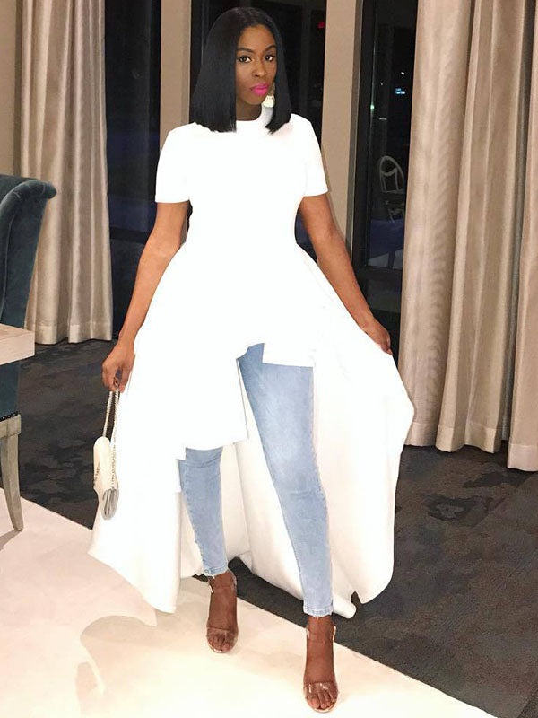 Women Short Sleeve Asymmetric Ruffle Hem Dress