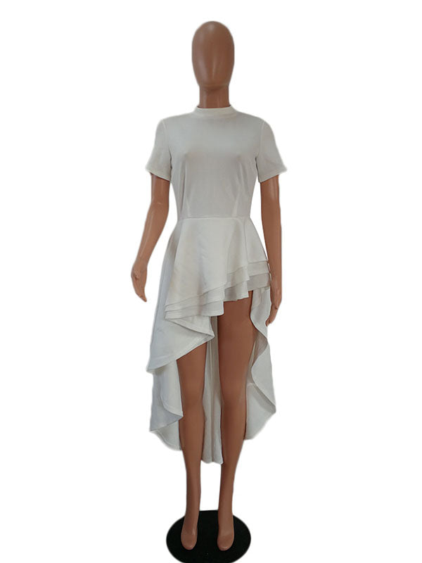 Women Short Sleeve Asymmetric Ruffle Hem Dress