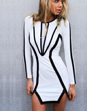 Contrast Trim Long Sleeve Bodycon Mini Dress