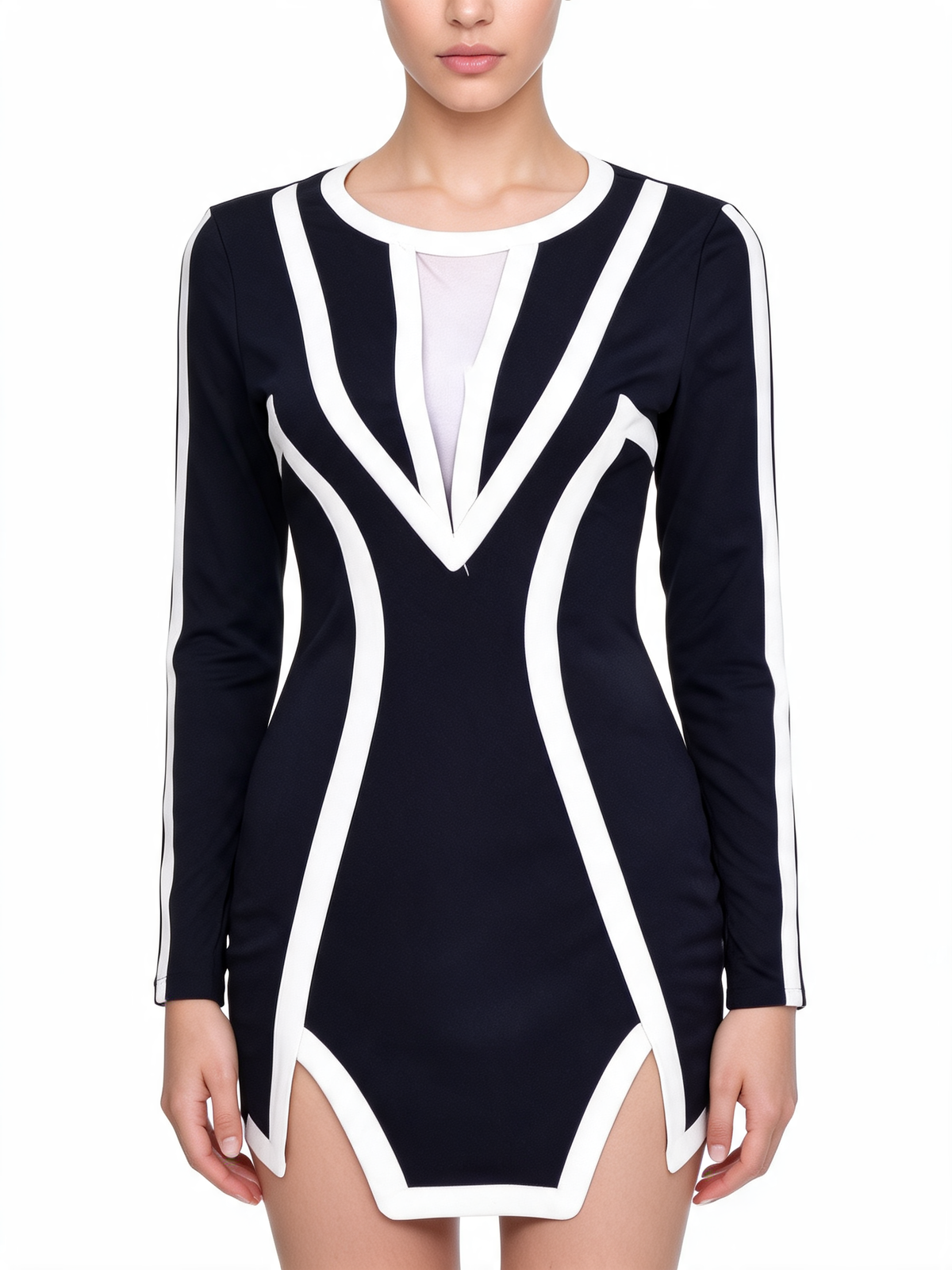 Contrast Trim Long Sleeve Bodycon Mini Dress