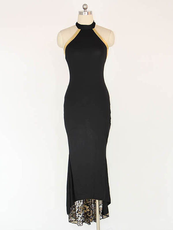 Black Halter Lace Hem Evening Dress