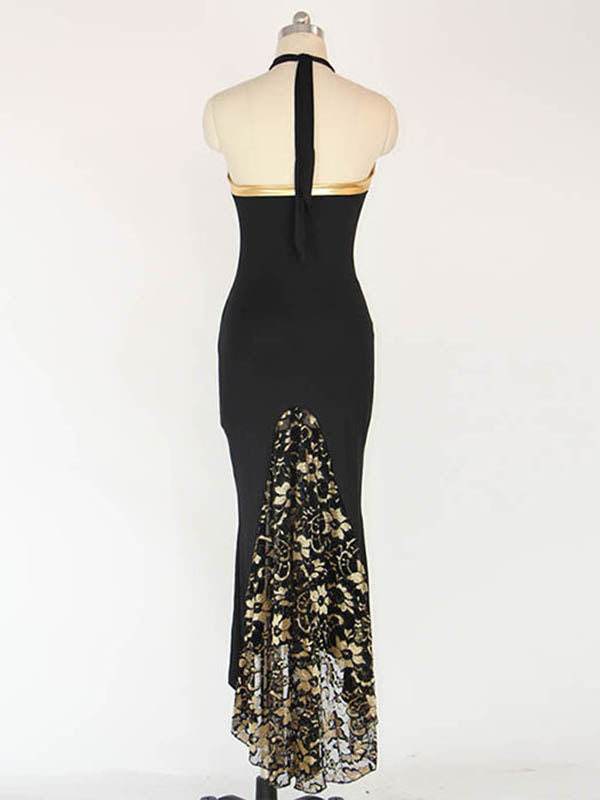 Black Halter Lace Hem Evening Dress