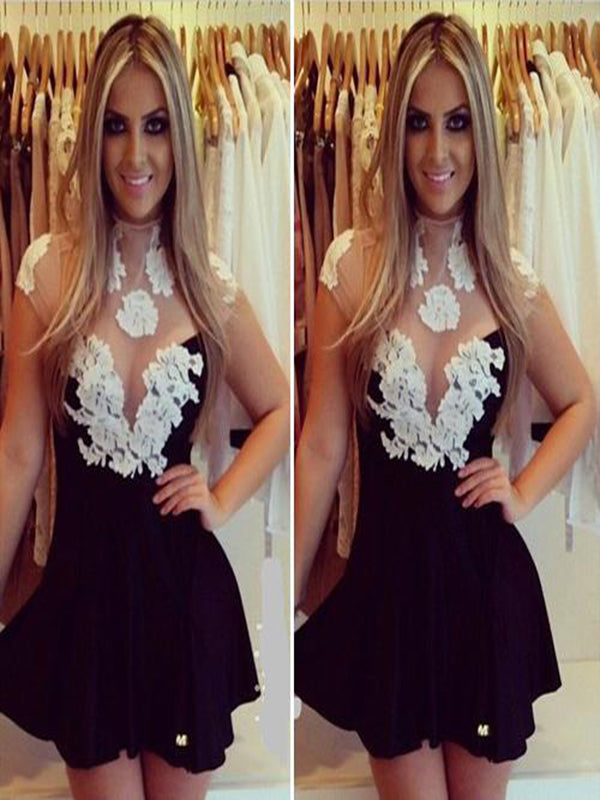 Lace Applique Halter Skater Mini Dress