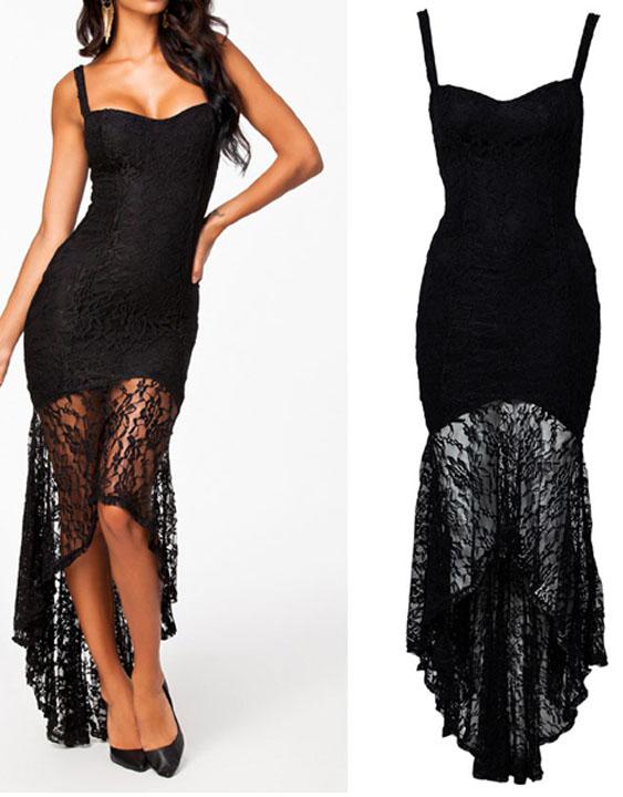 Sexy Black Lace Hem Evening Dress