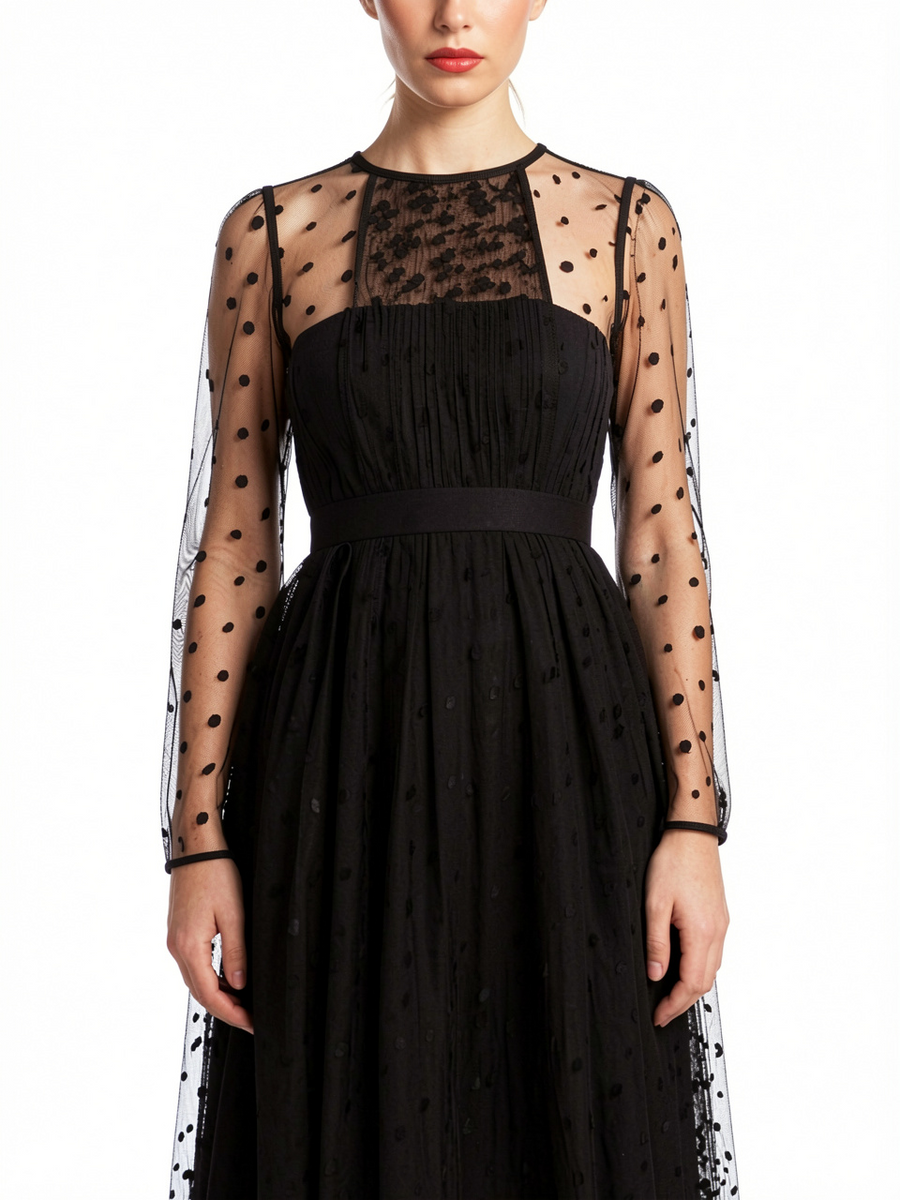 Black Polka Dot Mesh Sleeve Dress