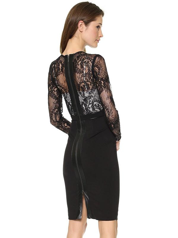 Sexy Long Sleeve Lace Bodice Midi Dress