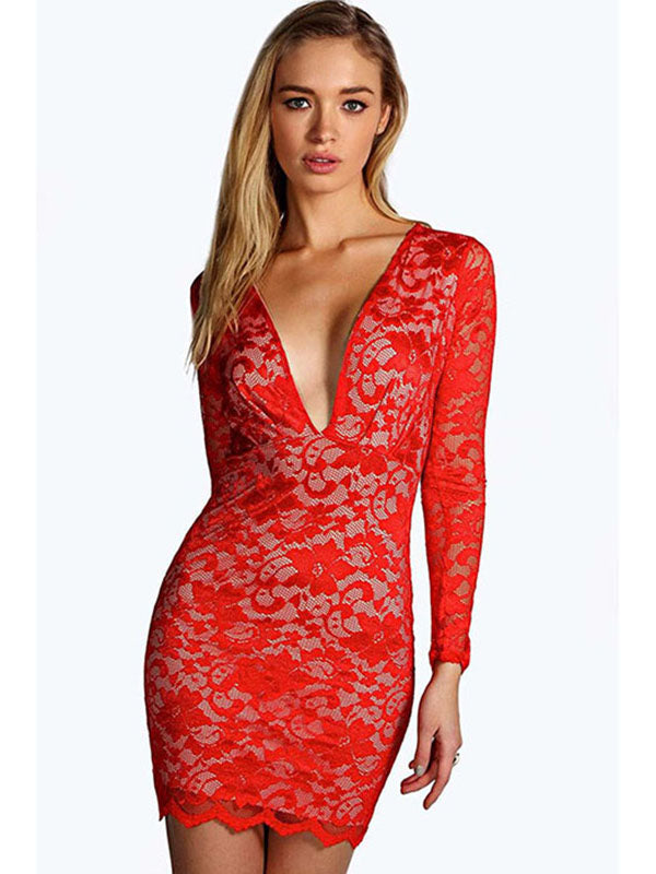 Sexy V Neck Lace Mini Dress
