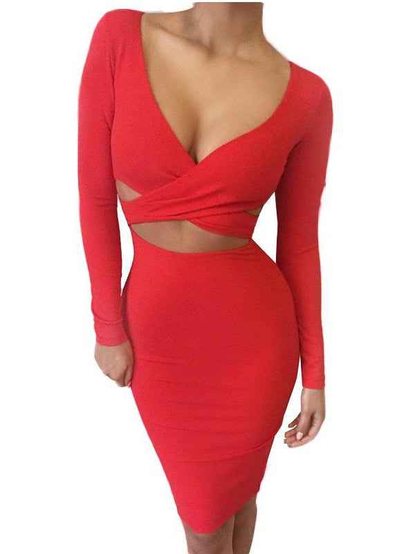 Deep V Long Sleeve Cut Out Midi Dress
