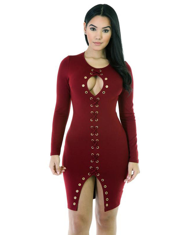 Sexy Wine Red Lace Up Keyhole Bodycon Dress
