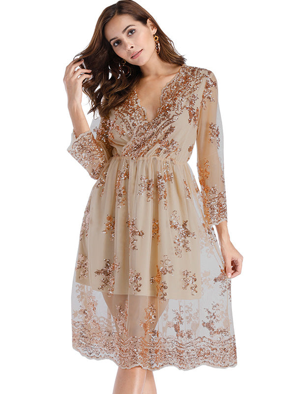 Half Sleeve Lace Sequin Midi Dress