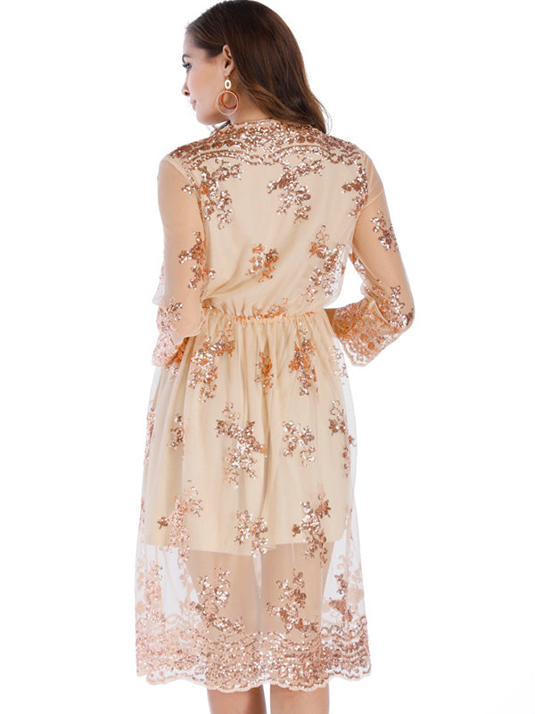 Half Sleeve Lace Sequin Midi Dress