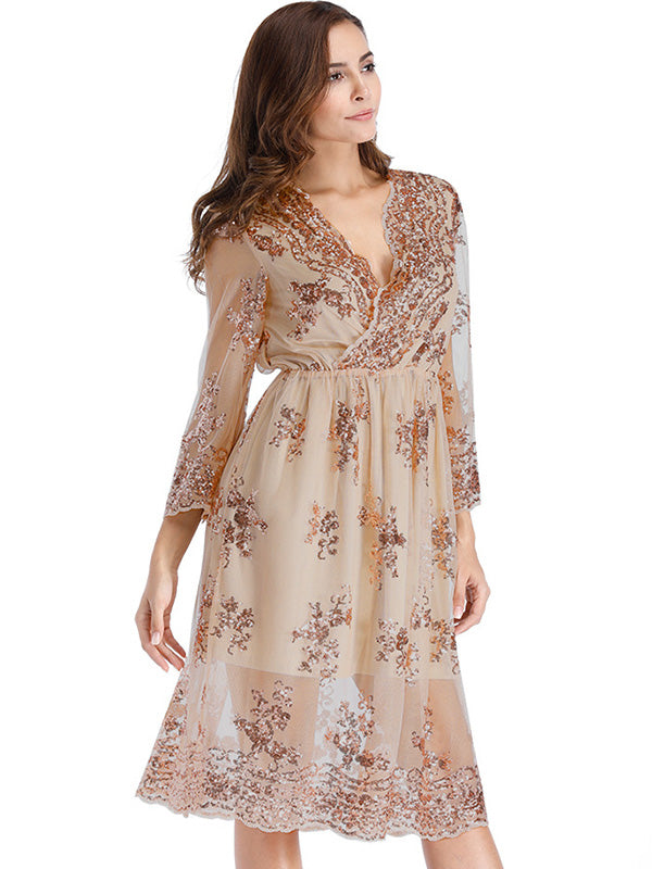 Half Sleeve Lace Sequin Midi Dress