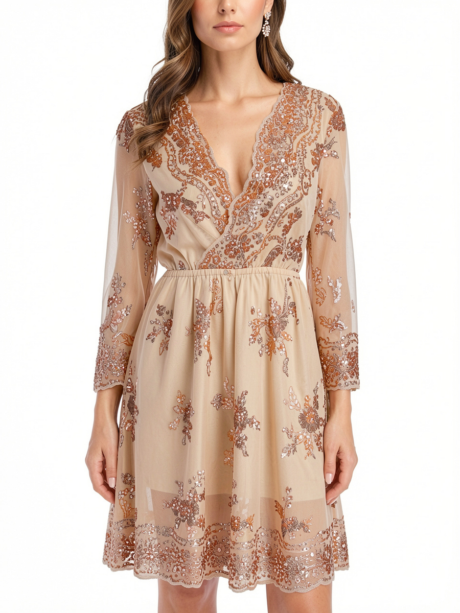 Half Sleeve Lace Sequin Midi Dress