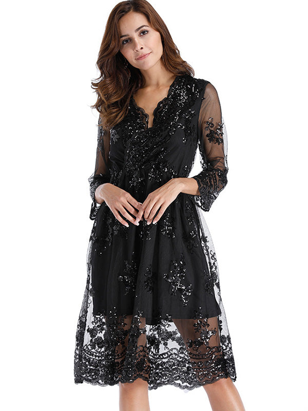 Half Sleeve Lace Sequin Midi Dress