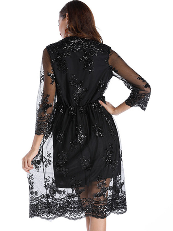 Half Sleeve Lace Sequin Midi Dress