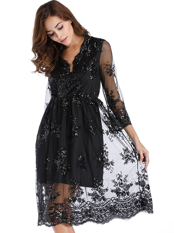 Half Sleeve Lace Sequin Midi Dress