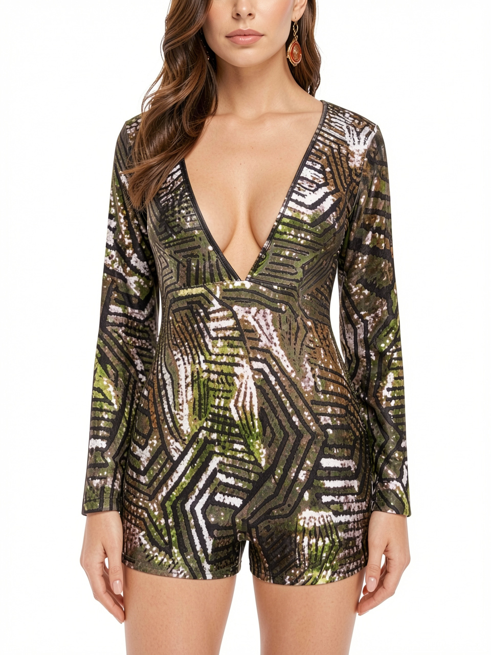 Deep V Long Sleeve Sequin Romper