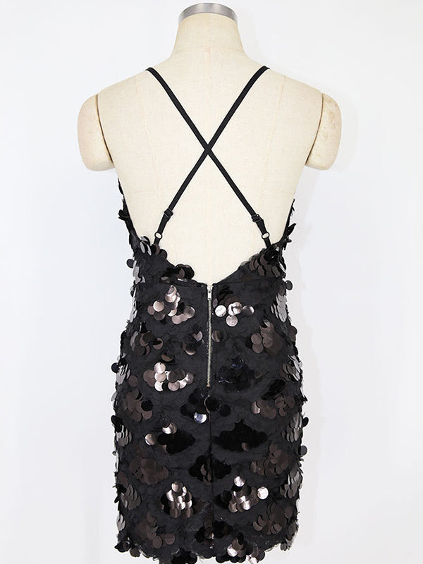 Spaghetti Strap Deep V Sequin Bodycon Mini Dress