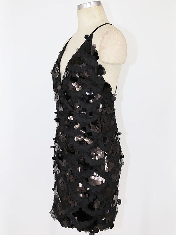 Spaghetti Strap Deep V Sequin Bodycon Mini Dress