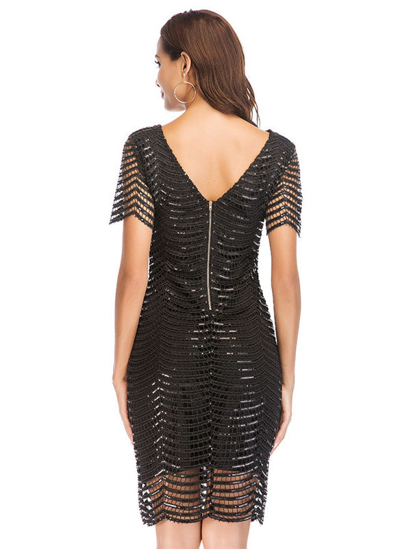Short Sleeve Tassel Sequin Pencil Dress