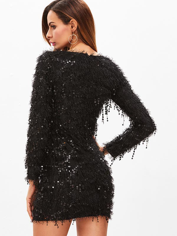 Long Sleeve Tassel Sequin Bodycon Mini Dress