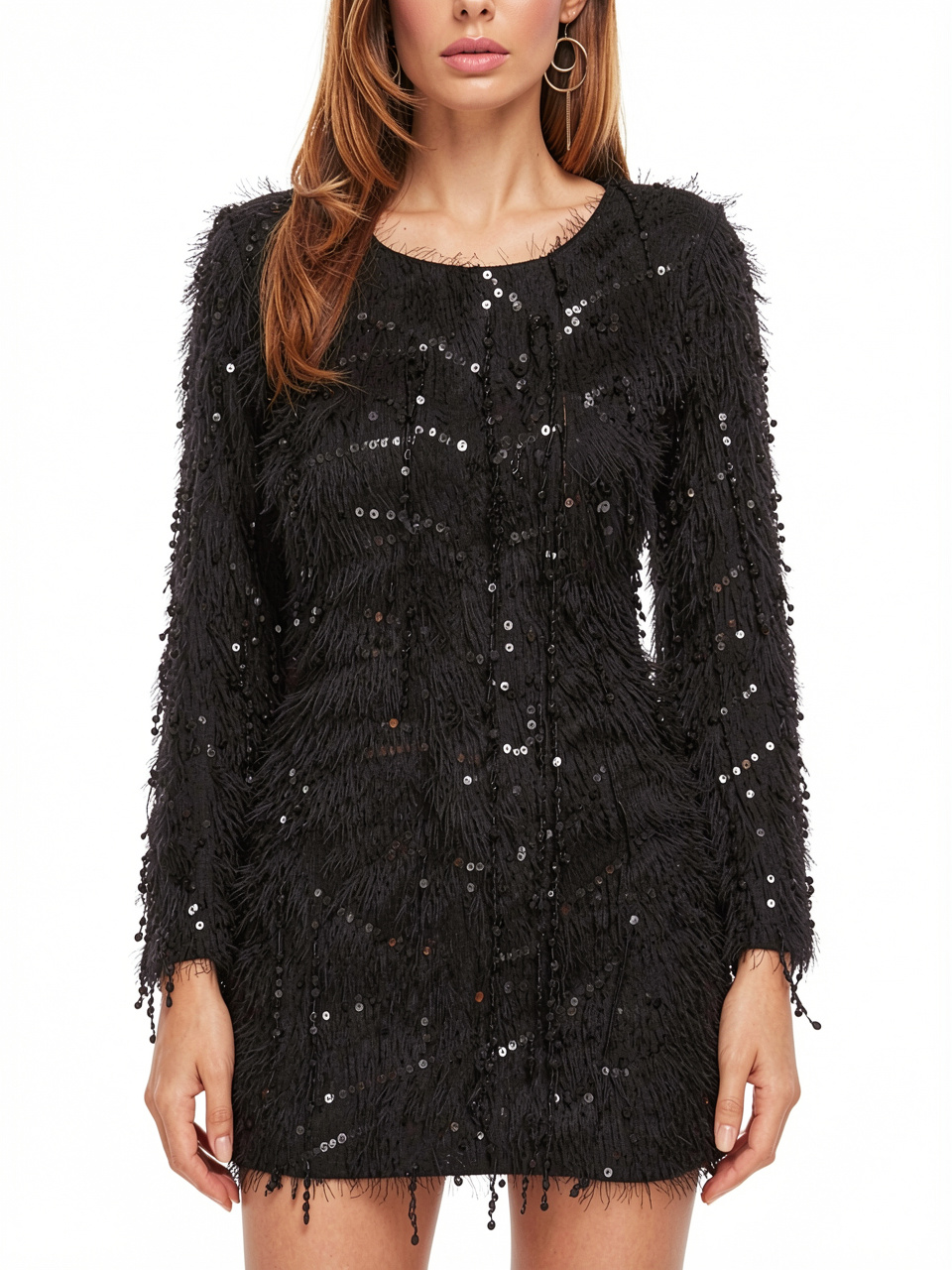 Long Sleeve Tassel Sequin Bodycon Mini Dress