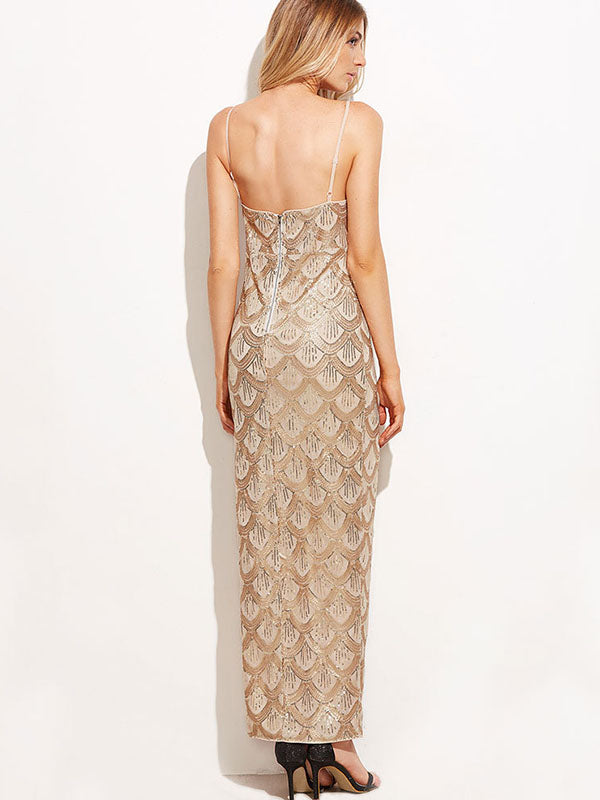 Spaghetti Strap Sequin Slit Maxi Dress