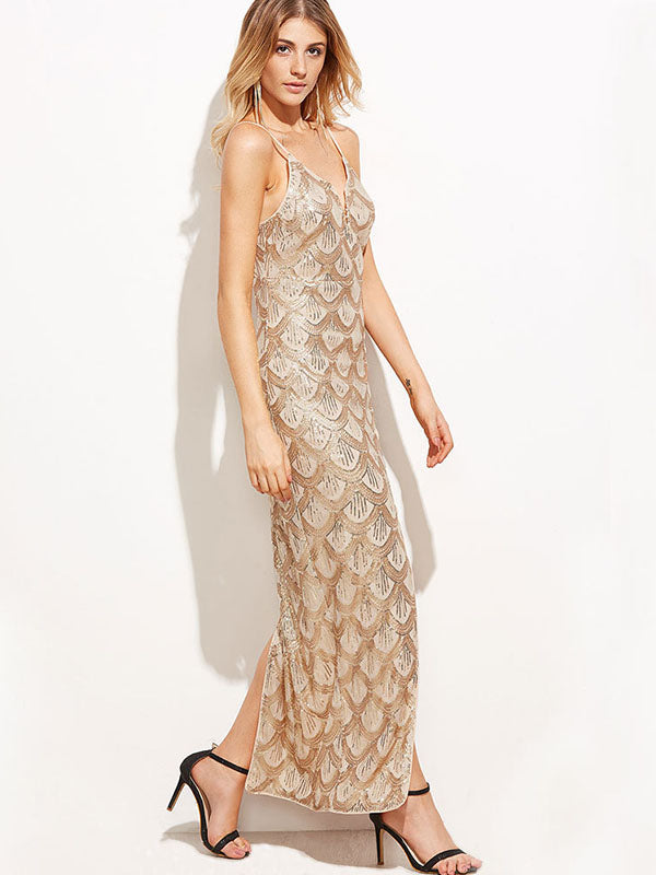 Spaghetti Strap Sequin Slit Maxi Dress